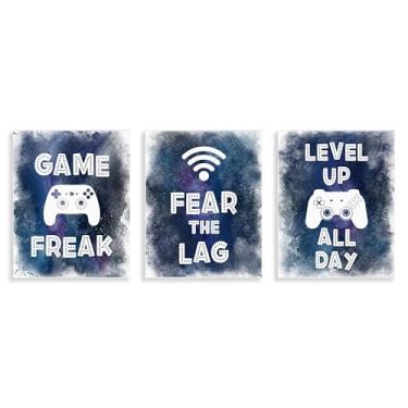 Imagem de Stupell Industries Gamer Quotes with Splash Conjunto de arte de placa de parede de 3 peças, design por Marcus Prime, 14 x 11