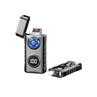 Imagem de TIKIUKI Isqueiro elétrico duplo de plasma à prova de vento, isqueiros frios, arco, metal, sem chama, com visor LED para velas aromáticas, acampamento (preto)