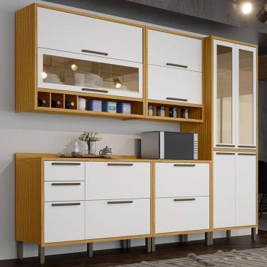 Imagem de Armário de Cozinha com Balcão e Tampo 11 Portas 4 Gavetas Pérola 100% Mdf Vidro Reflecta Amêndoa/Branco - Pnr Móveis