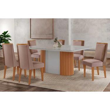 Imagem de Sala Jantar Mesa Pilar Curvo 180cm + 6 Cadeiras Tilia Madeira Naturale/Off White - Capuccino/Linho Capuccino - Rufato