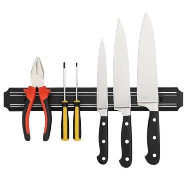 Imagem de Barra Magnética Organizadora para Cozinha, Metal e Plástico, Preta e Prata, 50 x 4,8 cm, Suporte Magnético para Facas e Ferramentas, Montagem na Parede