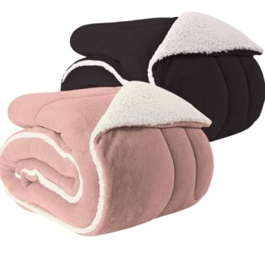 Imagem de Kit 2 Coberdrom Casal Manta Edredom Queen Pele de Carneiro,240x220cm, Sherpa Macio (ROSA E PRETO)