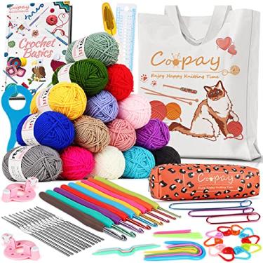 Imagem de Kit de crochê Coopay para iniciantes com linha de 15 cores, conjunto com 71 peças, kit de crochê amigurumi para crianças/adultos, bolsa de lona de gatos, instruções e acessórios completos de crochê