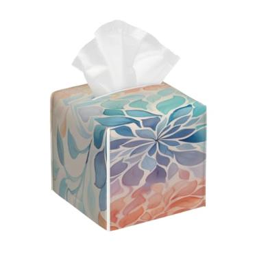 Imagem de Porta-lenços de couro quadrado à prova d'água flor crisântemo primavera organizador de papel facial colorido com cinto inferior cubo estojo de lenços para mesa banheiro escritório mesa carro