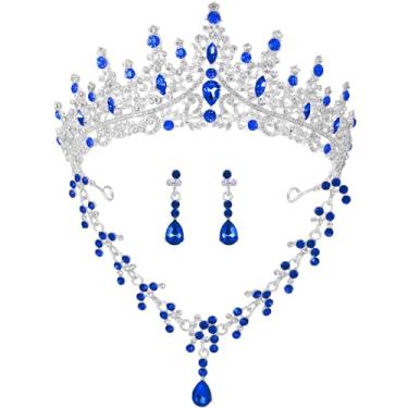 Imagem de Aimilcall Conjuntos de joias e coroa de tiaras de prata para mulheres, brincos e colar de tiaras para casamento, aniversário, conjuntos de joias de noiva de cristal de strass para fantasia de festa de