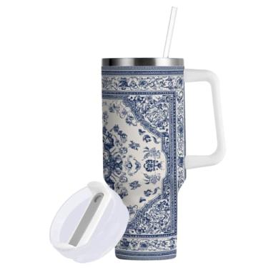 Imagem de ATTX Copo de porcelana azul e branco de 1,134 g com alça - Caneca de viagem de aço inoxidável isolada a vácuo, copo de café à prova de vazamento com canudo #803