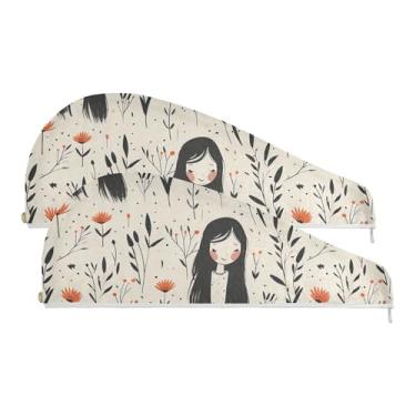 Imagem de SEHANY Toalha de cabelo de microfibra de flores coloridas elegantes para mulheres, 2 peças, turbantes de cabelo de secagem rápida com botão, touca de cabelo seco absorvente toalha de secagem de cabelo