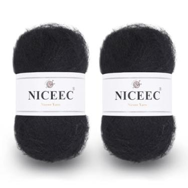 Imagem de NICEEC 2 novelos de fio de mohair de pelo longo, fofo e felpudo, luxuoso e fino, fio de mistura de lã para crochê e tricô, total de 79,9 g/788 m - preto
