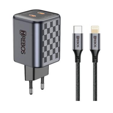 Imagem de Kit Carregador Hrebos 45w Premium Tipo-c Lghtng Crg-218i Cinza