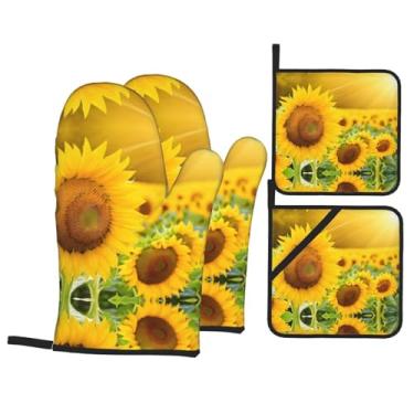 Imagem de Girassol - Conjunto de luvas de cozinha estampadas com suportes de tampa, luvas de forno resistentes ao calor para manusear panelas quentes, grelhar, churrascos, kit de 4 peças.