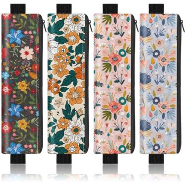 Imagem de Kakurookie Pacote com 4 porta-canetas elásticas para cadernos, bolsa de canetas com elástico e zíper, suporte de caneta de couro para agendas, diários e livros (flores coloridas)