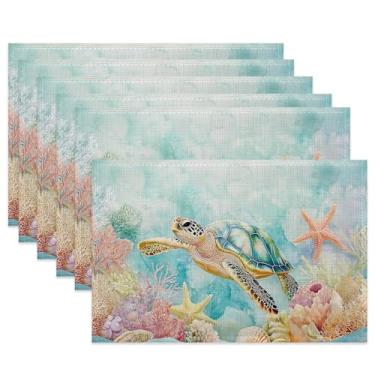 Imagem de Jogo americano de tecido tartaruga marinha aquarela, jogo americano de mesa de estrela do mar, conjunto de 6 tapetes de pano, tapetes de mesa laváveis resistentes ao calor para decoração de casa