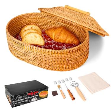 Imagem de Cesta de pão grande com pedra de aquecimento com tampa – Aquecedor de pão de terracota, cesta oval de pão de 31 x 21 cm com aquecedor – presentes para padeiros de Natal para anfitriãs aquecerem a casa