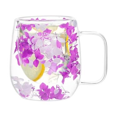 Imagem de Canecas de vidro com isolamento, copos de vidro de parede dupla - Xícara de café isolada com flores secas - Copo transparente isolamento térmico, canecas de chá isoladas em camada dupla alça