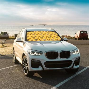Imagem de Guarda-sol engraçado com cara de pato para carro, para-brisa dianteiro, guarda-sol dobrável para carro, mantém o veículo fresco para a maioria dos veículos, guarda-chuva de para-brisa 144,8 x 76,2 cm