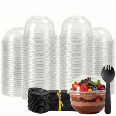 Imagem de VKSLKV Pacote com 50 copos de sobremesa de plástico de 250 ml com tampas de cúpula e garfos pretos - Copos Parfait transparentes para iogurte, frutas, cupcakes - Copos de charcutaria descartáveis para