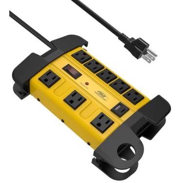 Imagem de Faixa de energia protetora contra sobretensão resistente com 2 portas USB, bloco de energia industrial de metal CRST com 8 saídas com disjuntor de 15A, cabo de extensão de 1,8 m, 1350 joules para oficina, garagem, escritório, loja