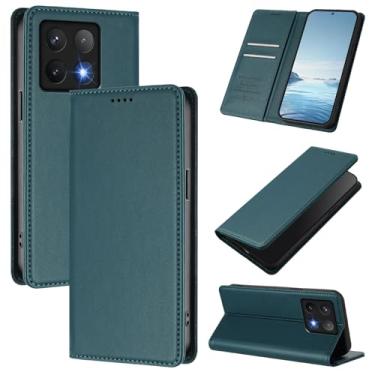 Imagem de Capa carteira fina para Xiaomi 14T Pro 5G com capa flip magnética, compartimentos para cartões e suporte, bloqueio RFID, compatível com carregamento sem fio, capa protetora à prova de choque (verde