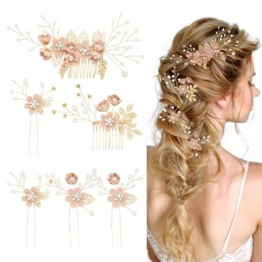 Imagem de 6 peças de acessórios de cabelo para noivas, pentes laterais de cabelo francês e alfinetes de cabelo, joia de casamento dourada com strass para noivas, damas de honra, mulheres e meninas (flor rosa)