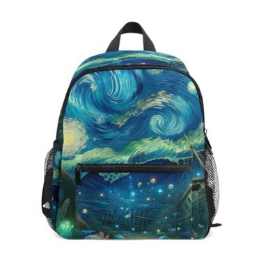 Imagem de Starry Night Underwater World Simple Modern Kids Backpack with Whistle, 2 Bottle Pockets, Lightweight, Back to School Backpacks 10x4x12 In, for Ages 3-8