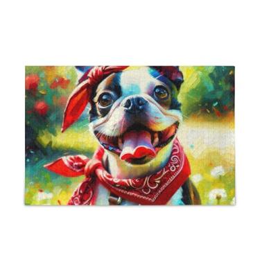 Imagem de Quebra-cabeça com 1000 peças, cachorro fofo com bandana vermelha, presente faça você mesmo, quebra-cabeça com bolsa de armazenamento de malha, desafio para adultos