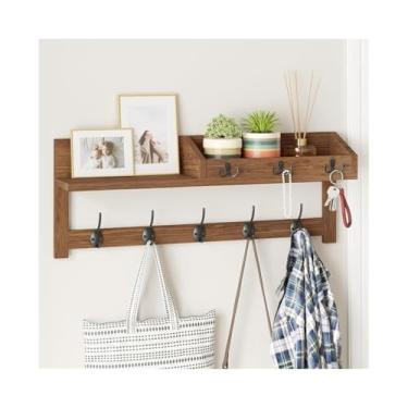 Imagem de Prateleiras suspensas Cabide de parede com prateleira, prateleira suspensa para entrada, ganchos de madeira para chapéus, jaquetas e bolsas(Brown)