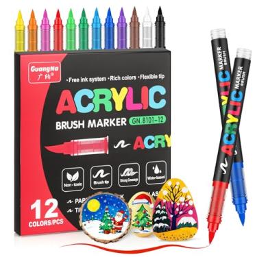 Imagem de JRQ Marcadores de tinta acrílica de 12 cores, canetas de tinta de ponta de pincel, marcadores de acrílico com tinta impermeável de longa duração para rocha, tela, tecido, madeira, papel, vidro, pedra