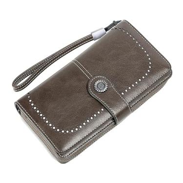 Imagem de Carteira feminina de couro de grande capacidade dobrável com bloqueio de RFID com bolso para moedas com zíper, Cinza, Clássicos