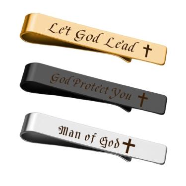 Imagem de Conjunto de 3 clipes de gravata Man Of God – Padrinho afilhado presentes de Natal gravados para homens, filho, marido, pai, presentes de aniversário da esposa, Small, Metal não precioso, Sem Pedra