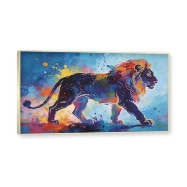 Imagem de NHLDZYH Moldura dourada. Pintura salpicada de leão em tela Arte abstrata de animais Mural vívido Chamador de olhos para sala de estar Decoração moderna para casa. A104. 30 x 54 cm.