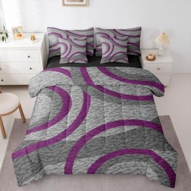 Imagem de Erosebridal Conjunto de cama queen cinza camuflado, cinza, roxo, redemoinho, geométrico, para meninos, crianças, adultos, homens, moderno, minimalista, conjunto de cama em uma bolsa, listras abstratas