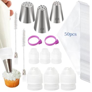Imagem de LLMSIX Conjunto de bicos e sacos de tubulação de grama, 2 laços de saco de confeitar, 2 escovas de limpeza de ponta de tubulação e 6 acopladores de pontas, pontas de cobertura de grama de aço