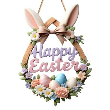Imagem de Guirlanda de Páscoa de madeira, placa redonda, orelhas de coelho, ovos e flores, decoração de Páscoa, guirlanda de boas-vindas para porta da frente e decoração de casa de primavera