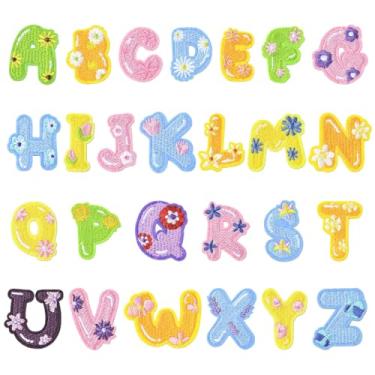 Imagem de Ipotkitt 26 peças, 26 estilos, poliéster, autoadesivo, letra A~Z, com apliques de flores, apliques do alfabeto, costurar, para costurar, faça você mesmo, jaquetas, mochilas, chapéus, jeans, roupas
