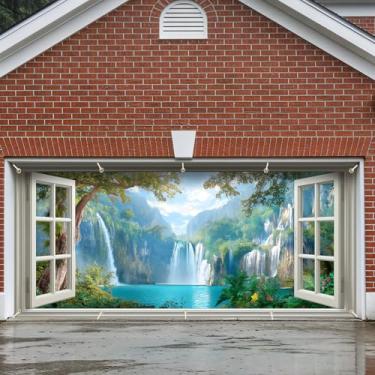 Imagem de Decoração de faixa de porta de garagem, grande decoração de capa de páscoa interna externa para casa, pano de fundo de festa de férias à prova d'água para varanda, quintal, parede (cachoeira de janela