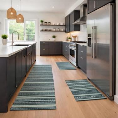 Imagem de Kit de Tapetes para Cozinha, 3 Peças, Tecido Rústico de Algodão, Tear Mineiro, Base Antiderrapante Emborrachada, 2 Tapetes 40x75cm e 1 Passadeira 40x144cm, Retangular (LISTRADO)