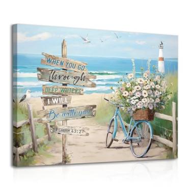 Imagem de Dazzlewall Arte de parede em tela de praia emoldurada para banheiro arte de parede de bicicleta costeira oceano paisagem marítima decoração de parede azul-petróleo azul aqua calmo litoral para quarto