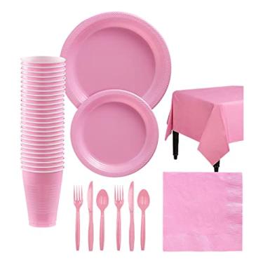 Imagem de Descartável para 20 Convidados - Pratos de Papel Garfos Plástico Faca Colheres Copos Guardanapos Toalha Mesa Festa Aniversário Piquenique Festival