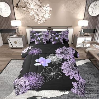 Imagem de Erosebridal Conjunto de edredom boêmio com flores roxas e pretas, tamanho queen, 7 peças, cama romântica estética em uma bolsa, floral, estilo japonês, para adultos e mulheres