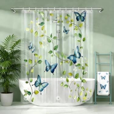 Imagem de CAPQL Cortina de chuveiro transparente verde videira azul borboleta, cortinas de chuveiro de plástico transparente planta verde para banheiro, conjunto de cortina de chuveiro magnética ponderada
