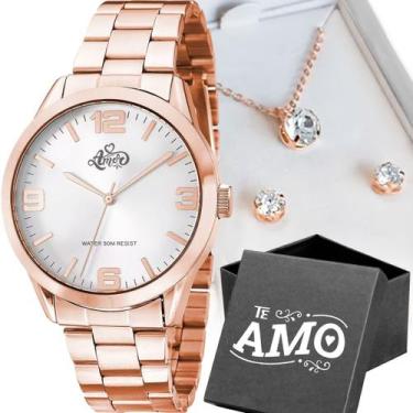 Imagem de Relogio Feminino Aço Rose + Caixa + Colar + Pulseira social moda quali