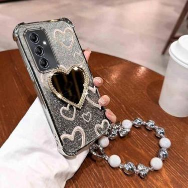 Imagem de Capa de celular espelhada com alça de pulso e airbag, glitter e coração, para Samsung Galaxy A13, A14, A15, A16, A23, 34, A35, A36, A54, A55, 4G e 5G, prateada, para Samsung A14 4G