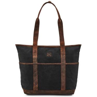 Imagem de Bolsa feminina de couro verdadeiro, bolsa de ombro organizadora de lona encerada repelente de água com compartimentos, Preto, 13" x 13" x 4.75"