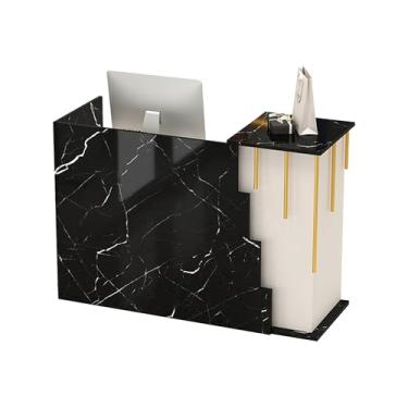 Imagem de Mesa de recepção com balcão, balcão frontal com gaveta com trava, mesa de computador de escritório com grande armário de armazenamento, balcão de recepção para loja de roupas de conveniência (preto
