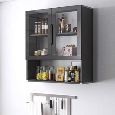Imagem de Armário de armazenamento de alumínio montado na parede com portas de vidro - Organizador multiuso de 2 a 3 camadas para cozinha e banheiro acima do vaso sanitário (60 x 32 x 80 cm)