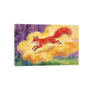 Imagem de Impressão em tela de arte de parede animal - Raposa nas nuvens - Pintura de decoração moderna - Imagens para casa prontas para pendurar 40 x 60 cm 16 x 24 polegadas Tela embrulhada