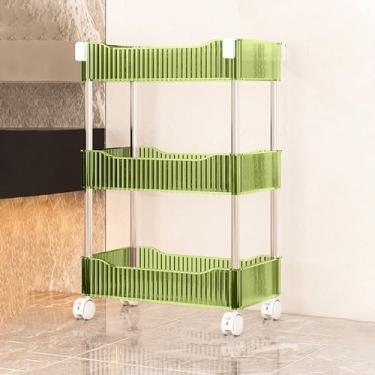Imagem de Carrinho de armazenamento rolante verde de 3 níveis - Carrinho utilitário de acrílico para cozinha e banheiro - Organizador móvel com rodas bloqueáveis - Prateleiras versáteis para facilitar a