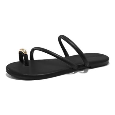 Imagem de Coutgo Sandálias femininas rasteiras com tiras quadradas, bico aberto, chinelos, anel, dedo do pé deslizante, sapatos sociais de verão, Preto, 38