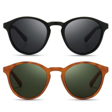 Imagem de SUNGAIT Óculos de sol clássicos vintage redondos polarizados para mulheres e homens, estilo retrô UV400, Pacote com 2 (Polarizado): Preto/Cinza + Laranja Tartaruga/Verde, 50mm x 56mm