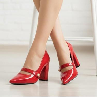 Imagem de Sapato Scarpin Social Salto Alto Grosso Bico Fino Tira Feminino 9cm - 